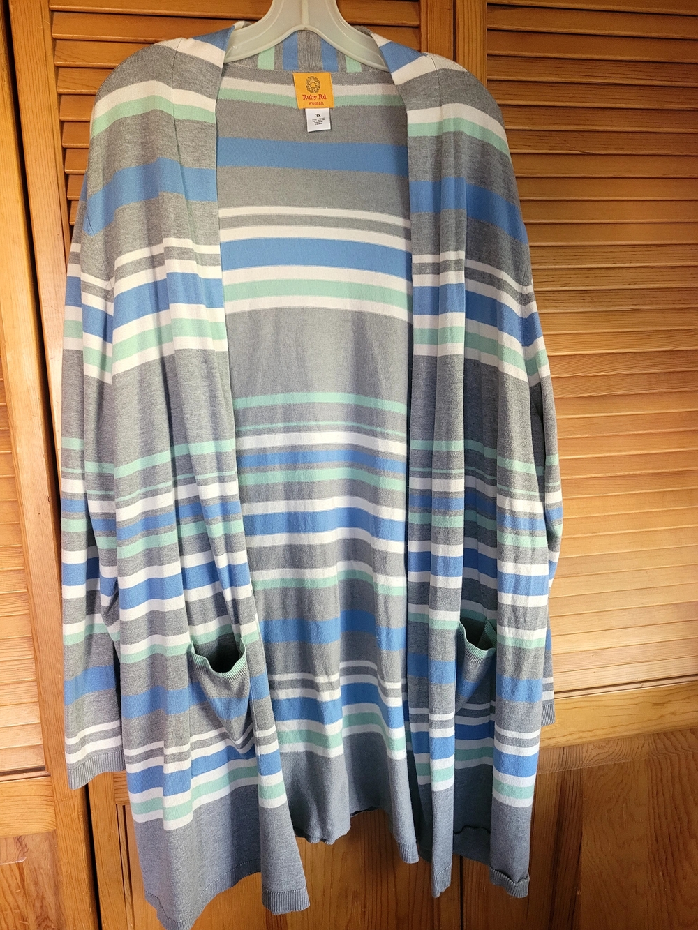 Ruby Rd. Striped Open Cardigan in Blue, Gray, White, Mint